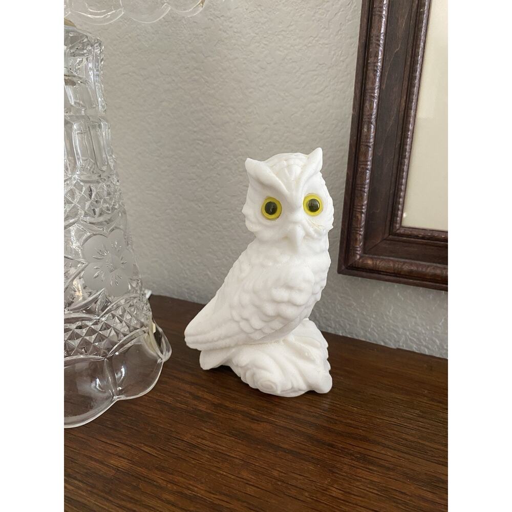 Vintage 1970s Hand Carved Alabaster Plaster Owl With Glass Eyes Snow Owl Figure